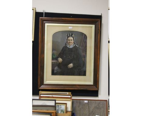 A VINTAGE FRAMED AND GLAZED OIL PAINTING PORTRAIT STUDY OF A SEATED LADY IN CLASSICAL DRESS (POSSIBLY OVER PHOTOGRAPH BASE) 