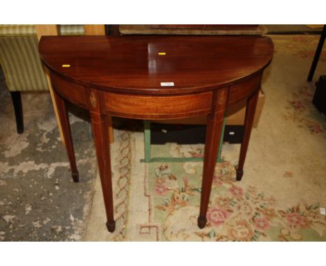 AN EDWARDIAN INLAID HALF MOON SIDE TABLE A/F W-90cm H-73cm