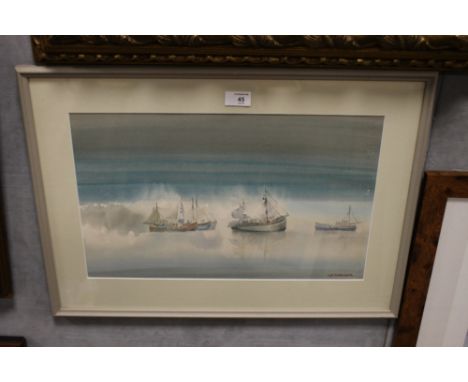 SYBIL MULLEN GLOVER (d.1995). Seascape with fishing vessels, signed lower right, watercolour, framed and glazed, 30 x 48 cm