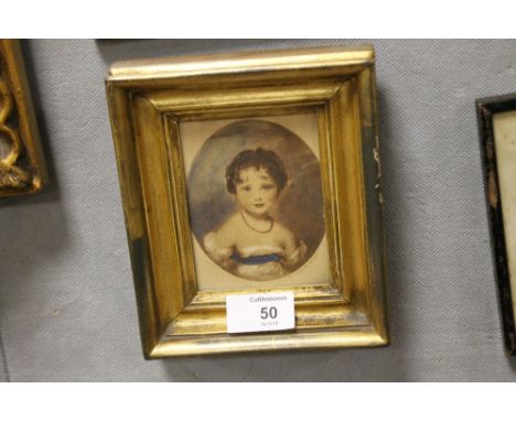 A 19TH CENTURY OVAL PORTRAIT MINIATURE OF A YOUNG GIRL AFTER SIR THOMAS LAWRENCE, watercolour over a print base, framed and g