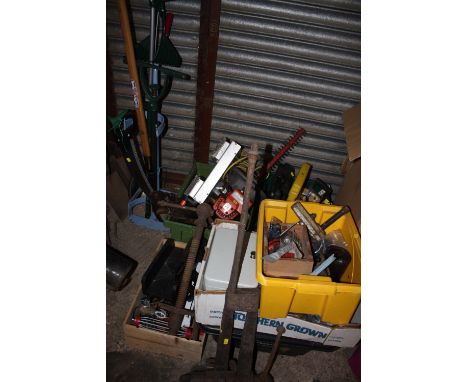 A LARGE QUANTITY OF MIXED TOOLS, PARTS ETC TO INCLUDE PETROL TRIMMER ETC