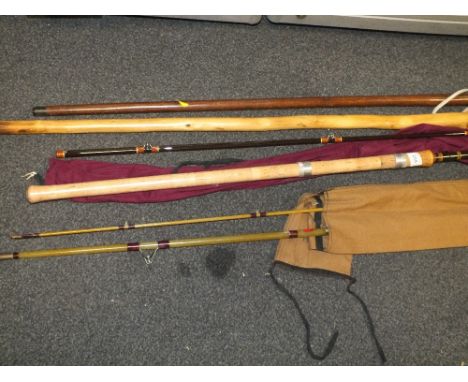 TWO VINTAGE FISHING RODS, WALKING STICKS ETC. 