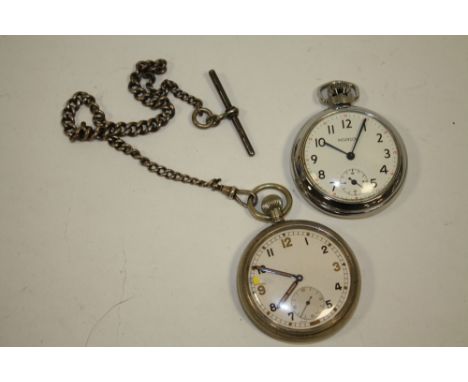 A MILITARY POCKET WATCH ON HALLMARKED SILVER T BAR CHAIN TOGETHER WITH A INGERSOL EXAM EXAMPLE 