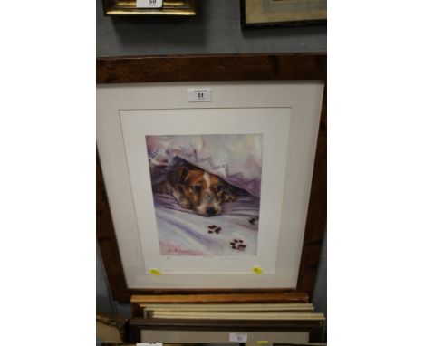 A FRAMED AND GLAZED JOHNATHAN WALKER PRINT OF A JACK RUSSELL ENTITLED 'UNDER COVER ' NUMBER 23/395 