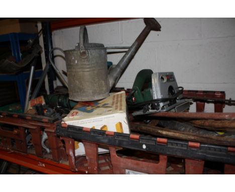 A PETROL STRIMMER PLUS TWO TRAYS OF TOOLS AND METALWARE ETC TO INCLUDE A BOSCH CIRCULAR SAW