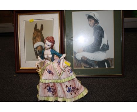 AN ITALIAN CERAMIC LADY FIGURE TOGETHER WITH A BOX OF PICTURES AND PRINTS TO INCLUDE EQUESTRIAN INTEREST