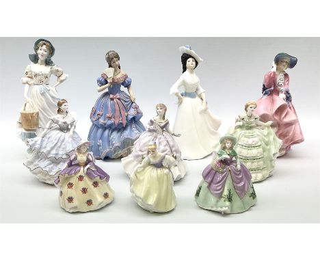 A group of figures, comprising four Royal Worcester examples, The Milkmaid, Lady Emma, Lady Cicely, Lady Hannah, three Royal 