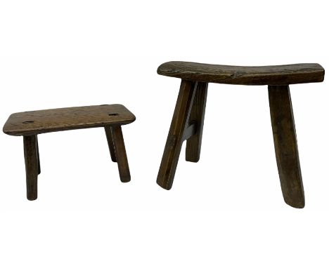 Two 18th Century small scale pieces of furniture, comprising table with an elm top and fruit tree legs H12.5cm and a stool wi
