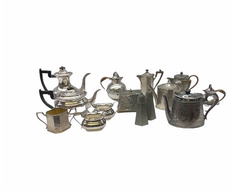 Group of silver plate and pewter, largely comprising tea wares, to include silver plated caddy, of tapering rectangular form,