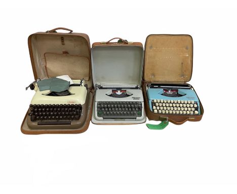 Three vintage portable typewriters comprising Olympia Splendid 99, Olympia Splendid 66 and Erika, all in tan carry cases (3)
