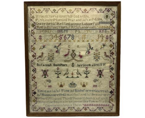 George III sampler, worked by  Susannah Sumpner, and dated 1800 lower right, depicting various motifs including crest, flower