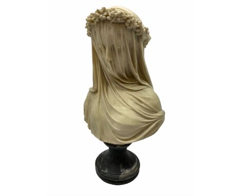 After R Monti, The Bride, a composite bust modelled as a veiled woman wearing a garland of flowers, on socle base, overall H3