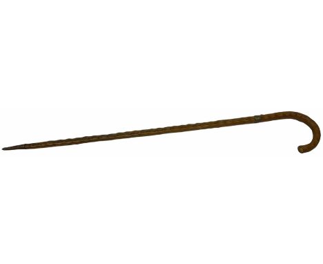 Late 19th century briar wood sword stick, the scroll etched 70cm blade marked Fa D Toledo, with brass wire bound collar and s