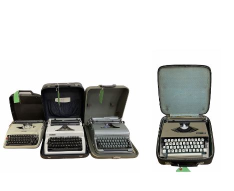 Four vintage portable typewriters comprising Blue Bird, Erika, Boots Nippo 200 and Imperial 19, all in carry cases (4)
