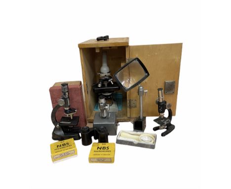 Vintage 'Naturalist' Microscope in original box, table top magnifying glass, two other microscopes, boxed slides etc in one b