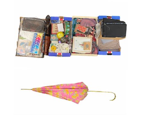 Vintage haberdashery including tartan materials, lace, table cloths, buttons, knitting needles, Scottish related materials an
