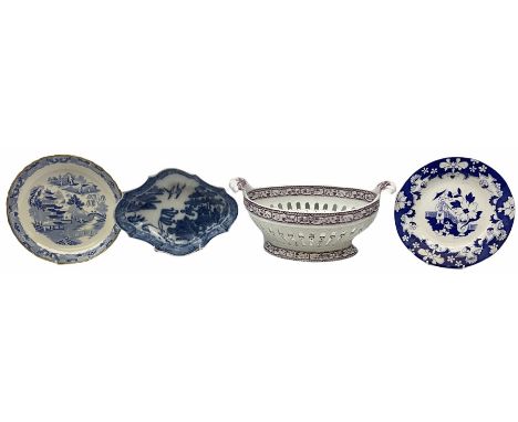 Group of 19th century ceramics, comprising Staffordshire pearlware chestnut basket, possibly Davenport, with twin handles, pi