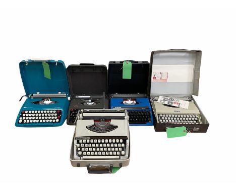 Five vintage portable typewriters comprising Antares Capri, Brother Deluxe 900, Silver Reed Silverette II, Empire Aristocrat 
