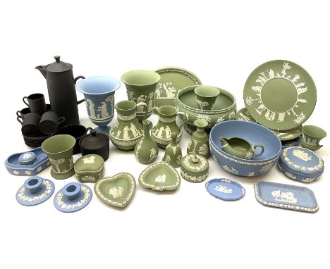 Collection of Wedgewood light blue and sage green Jasperware, to include blue bowl, D20cm, green footed bowl, D20cm, two larg