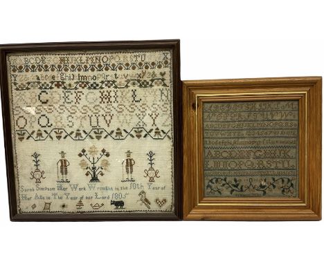 George III sampler, worked by Sarah Simpson, Aged 10, dated 1805, depicting a flowering motif flanked by two figures and flow