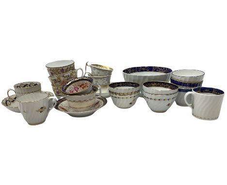 Group of 19th century English porcelain tea wares, to include two Spode cups and a saucer, with relief moulded border of flow