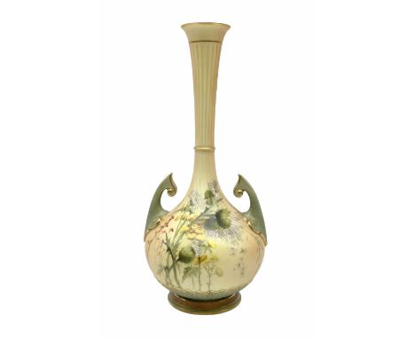 Royal Worcester blush ivory vase, the bulbous body with twin flying handles and tall tapering neck, hand painted with flowers