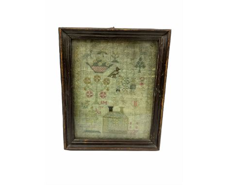 Small Victorian sampler, worked with house and other motifs including birds and flowers, within a strawberry vine border, fra