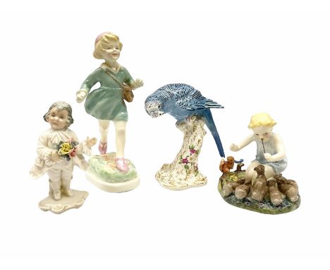 Three Royal Worcester figures, comprising blue Budgerigar modelled upon a branch, model 2664, H14.5cm, Woodland Dance, model 