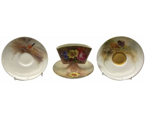 Royal Worcester match holder, of fan shape upon a circular base, hand painted with flowers, signed E Barker, H7cm D10cm, toge