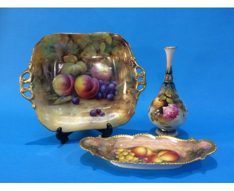 A Royal Worcester vase by R.J. Bray, decorated with yellow and pink roses, green mark, number H304, a Worcester fruit plate b