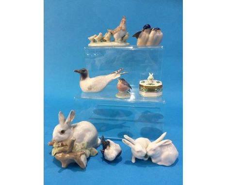 Various Royal Copenhagen Birds, a Copenhagen Rabbit, Nao Chickens and a Lladro Rabbit etc.