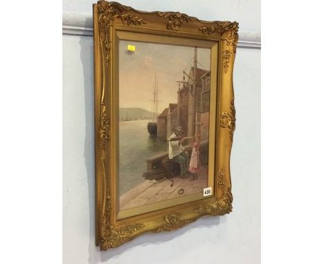 R. Douglas, late 19th century, oil on canvas, signed, 'Young girl looking through telescope out to sea', 39 x 29cm