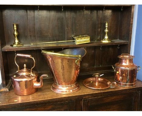 A copper cream pail , 'G.W.R. Taunton', a copper chamber stick, coal scuttle, kettle etc.