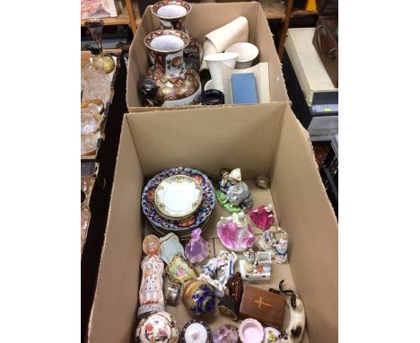 Two boxes of assorted china to include Fairings and other figures