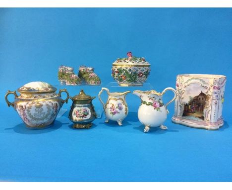 A Continental porcelain and brass mounted inkwell, a pair of Continental shoes, two German porcelain cream jugs etc.