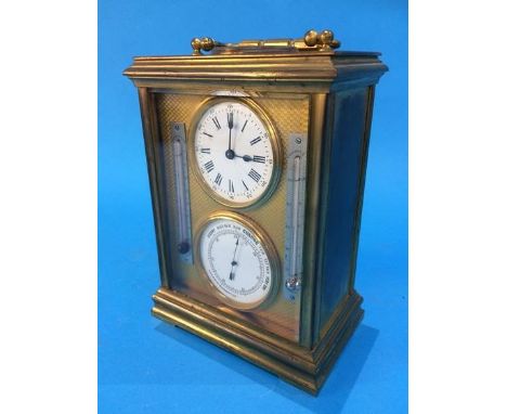 A brass cased clock compendium with compass clock, barometer and a centigrade and Fahrenheit thermometer.  12 cm x 15.5 cm