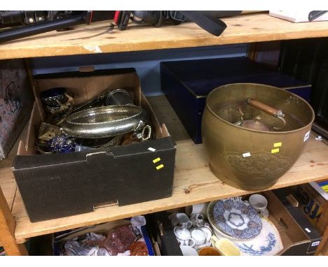 Shelf of assorted included a plated tea set