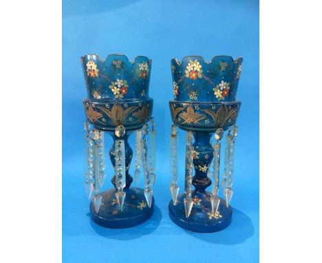 A pair of Victorian and enamel painted blue glass lustres.  30 cm high