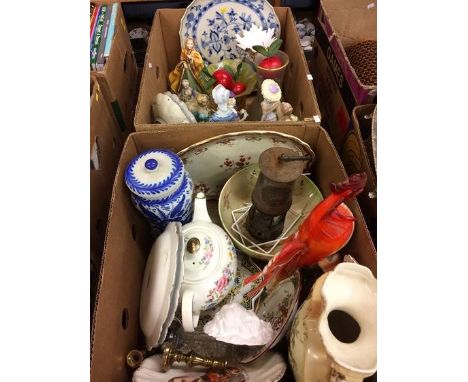 Two boxes of assorted Continental and Oriental ceramics, Miner's lamp etc.