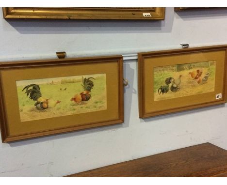 Pair, R. E. Mertens, watercolour, signed, 'Cock fighting', 14 x 30cm
