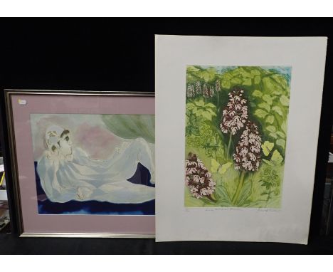 DAVID KOSTER: 'LADY ORCHIDS AND BRIMSTONES'aquatint etching 10/50, unframed 72 x 56cm, and a watercolour reclining Harlequin,