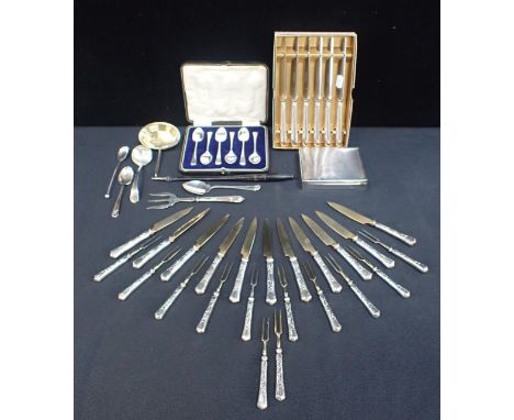 A COLLECTION OF SILVERincluding cased teaspoons, an enamelled yacht club teaspoon, loaded handled wares, continental fruit kn