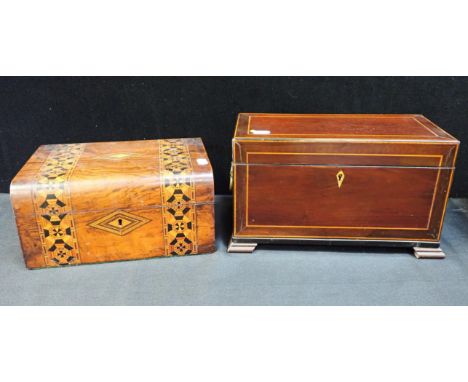 A MAHOGANY TEA CADDY WITH BOXWOOD STRINGING31cm wide, and a parquetry workbox (2)