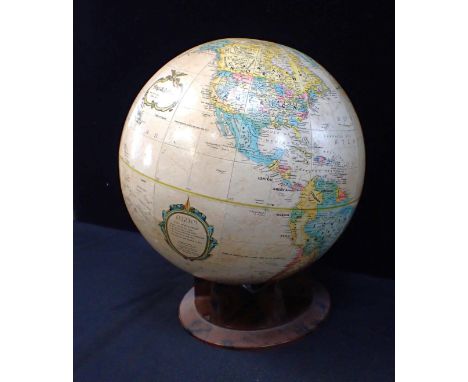 A 12 inch TERRESTRIAL GLOBE BY REPLOGLEfor Frost and Sullivan, freestanding on a mid-century style marbled plastic stand (scu