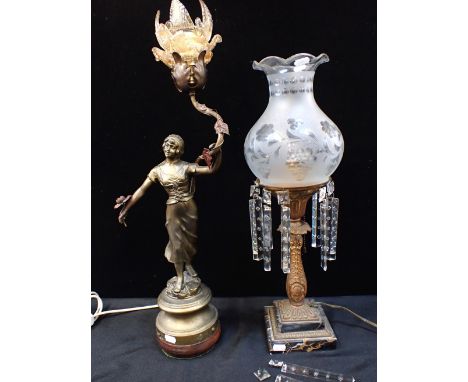 A 19th CENTURY ORMOLU AND MARBLE LAMPhung with lustres, and with cut glass shade 56cm high (converted to electricity, lustres