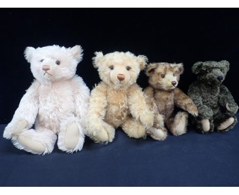 A PALE PINK MODERN STEIFF BEAR, AND THREE OTHERS with growlers, 45cm, 40cm, and two 35cm high approx (all lacking labels or b
