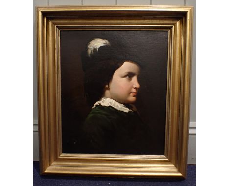 AN UNSIGNED PORTRAIT OF BOY'S HEADwith plumed velvet cap, oil on canvas, in gilt frame 57 x 50cm