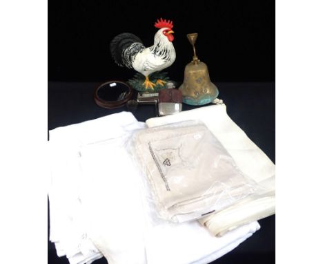 A COLLECTION OF SUNDRIESincluding a hip flask, damask tablecloths, a bell, cockerel doorstop etc