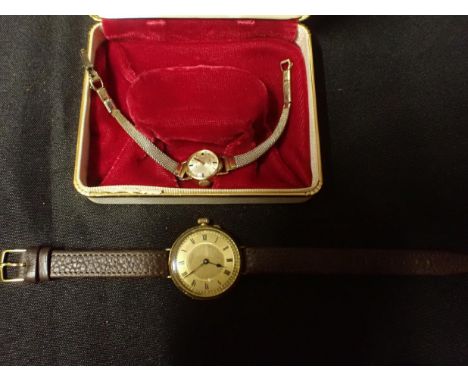 A 14k GOLD CASED WRIST WATCH(converted from a pocket watch), and a 9ct gold cased Rotary ladies watch, on plated strap (2)