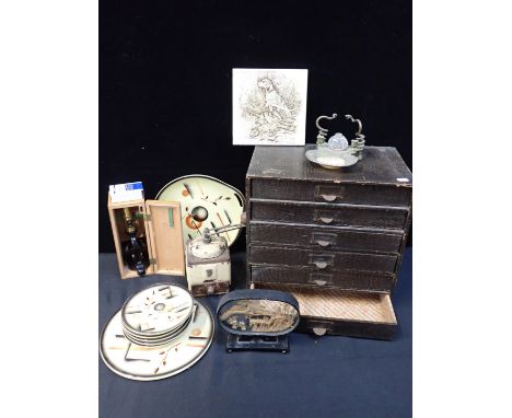 A SMALL VINTAGE CHEST OF FILING DRAWERS39cm wide, a Peugeot coffee mill, cork diorama, German Art Deco stencilled ceramics, s